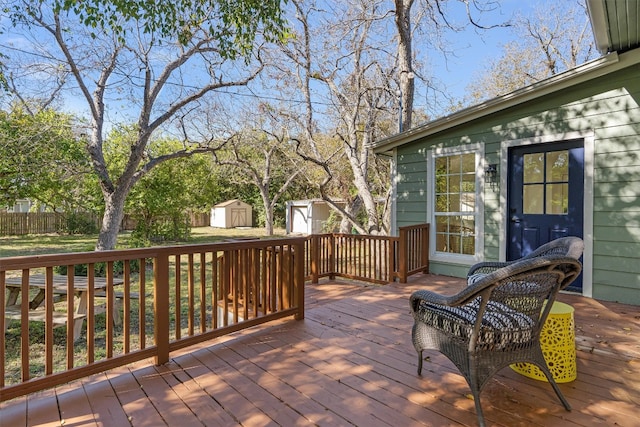 deck featuring a storage shed