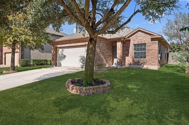 ranch-style house with a garage and a front lawn