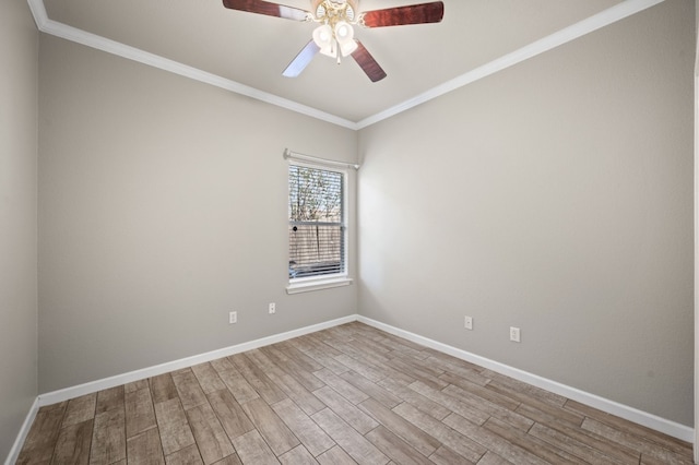 unfurnished room with light wood-type flooring, ceiling fan, and crown molding