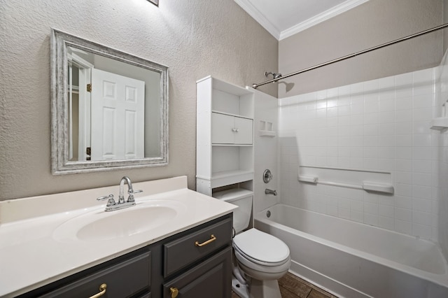 full bathroom with toilet, vanity, bathtub / shower combination, and ornamental molding