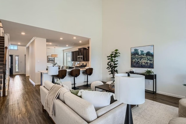 living room featuring dark hardwood / wood-style flooring and crown molding