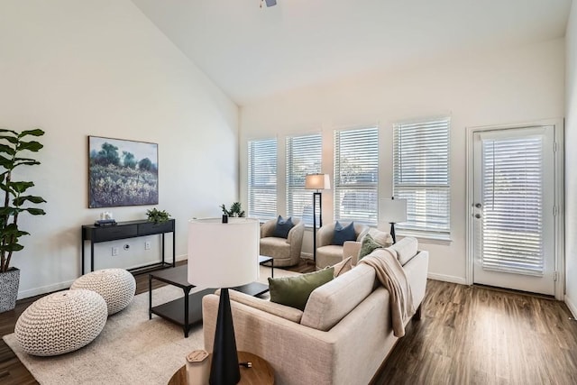 living room with dark hardwood / wood-style flooring and high vaulted ceiling