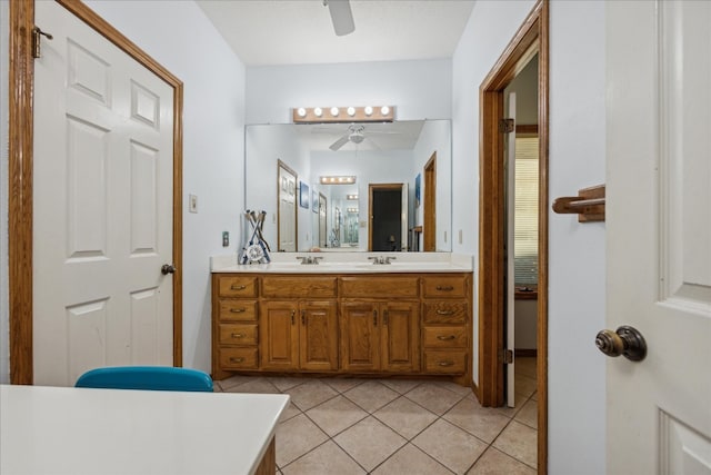 bathroom featuring tile patterned flooring, vanity, and ceiling fan