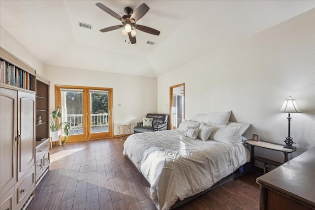 20625 Highland Lake Loop, Lago Vista, TX 78645 - bedroom with access to outside, a raised ceiling, dark wood-style floors, and a ceiling fan