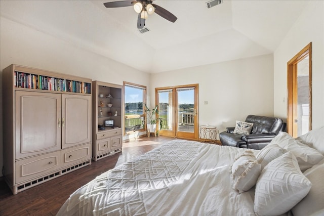 bedroom featuring access to exterior, ceiling fan, dark hardwood / wood-style flooring, and vaulted ceiling