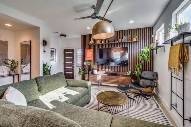 living room featuring ceiling fan