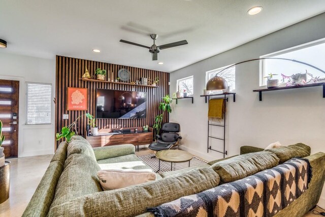 living room featuring ceiling fan