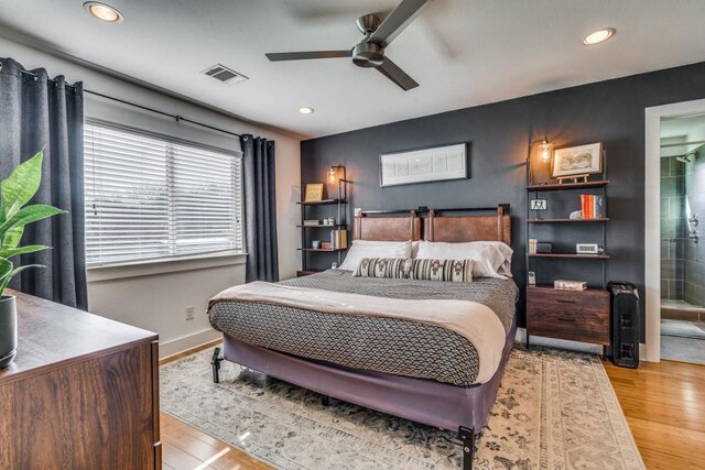 bedroom with ceiling fan and light wood-type flooring