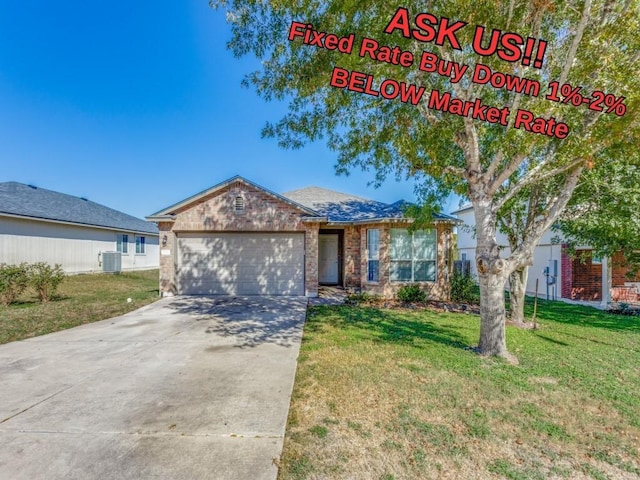 108 Killian Loop, Hutto, TX 78634 - single story home featuring cooling unit, a garage, a front yard, driveway, and brick siding