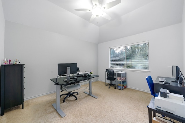 office with light colored carpet, vaulted ceiling, and ceiling fan