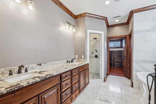 bathroom with plus walk in shower, vanity, and ornamental molding