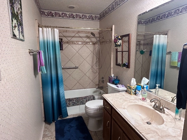 full bathroom featuring shower / tub combo, tile patterned floors, vanity, a textured ceiling, and toilet