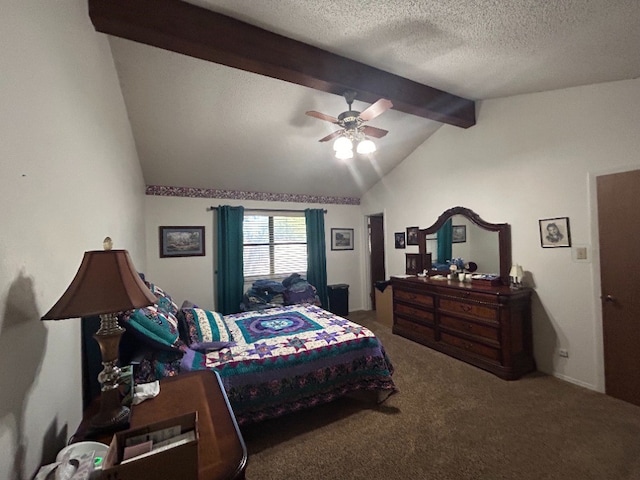 carpeted bedroom featuring a textured ceiling, lofted ceiling with beams, and ceiling fan