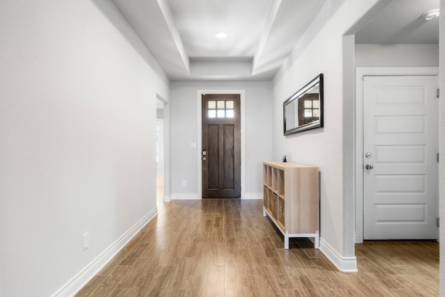 foyer with a tray ceiling and wood-type flooring