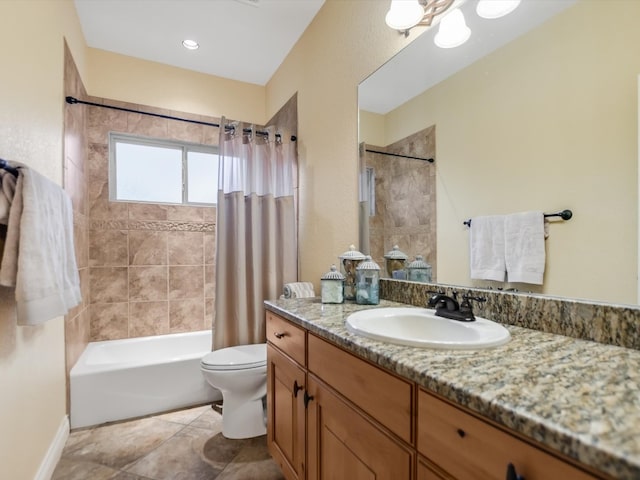 full bathroom featuring shower / tub combo, vanity, toilet, and tile patterned floors