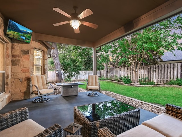 view of patio / terrace with ceiling fan and an outdoor hangout area