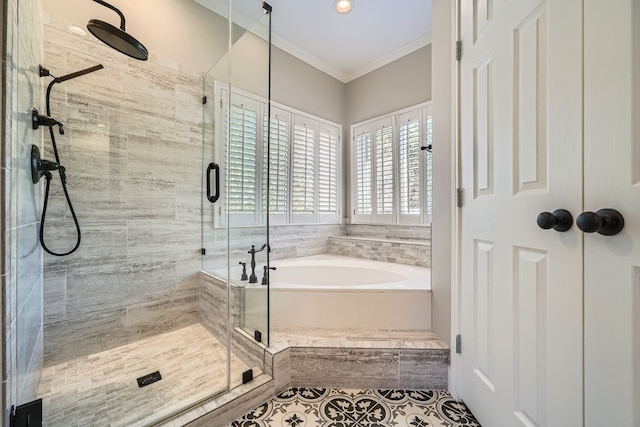 bathroom featuring tile patterned flooring, shower with separate bathtub, and crown molding