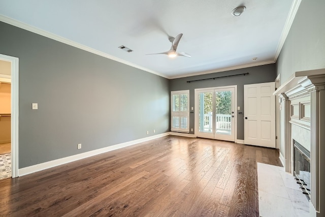 unfurnished living room featuring crown molding, ceiling fan, and light wood-type flooring