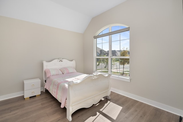 bedroom featuring dark hardwood / wood-style flooring and vaulted ceiling