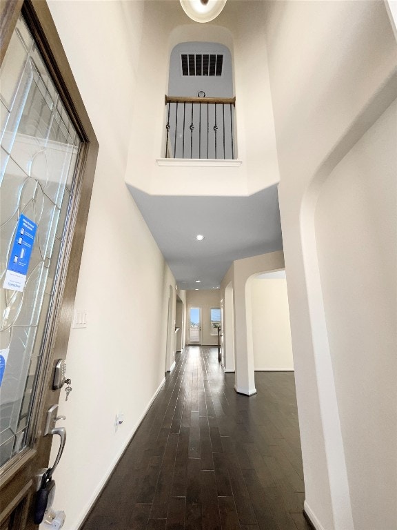 foyer entrance with dark hardwood / wood-style flooring and a towering ceiling