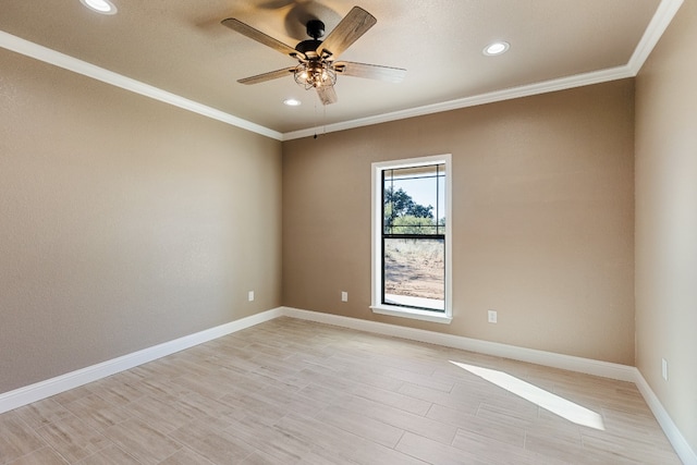 spare room with ceiling fan, crown molding, and light hardwood / wood-style floors