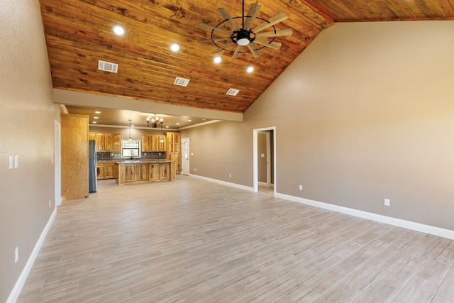 unfurnished living room with ceiling fan with notable chandelier, light wood-type flooring, high vaulted ceiling, and wood ceiling