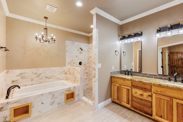 bathroom featuring plus walk in shower, a notable chandelier, crown molding, wood-type flooring, and vanity