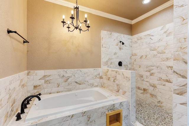 bathroom with separate shower and tub, ornamental molding, and an inviting chandelier