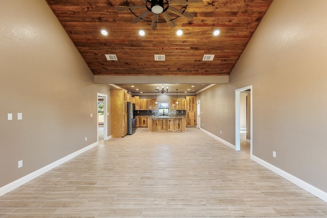 unfurnished living room with light wood-type flooring, ceiling fan with notable chandelier, vaulted ceiling, and wooden ceiling