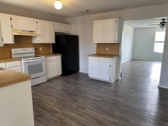 kitchen with dark hardwood / wood-style flooring, white electric stove, backsplash, a textured ceiling, and black refrigerator