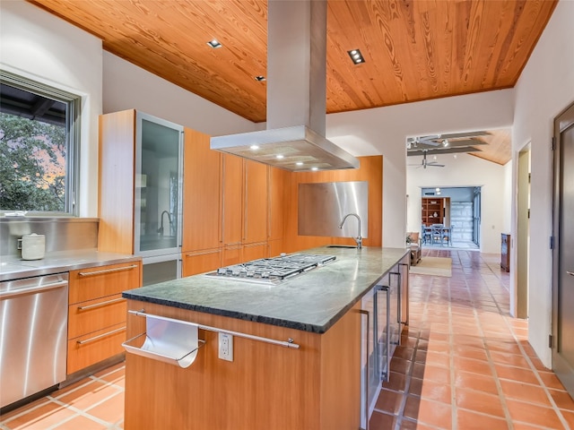 kitchen with a center island, wooden ceiling, island exhaust hood, vaulted ceiling, and appliances with stainless steel finishes