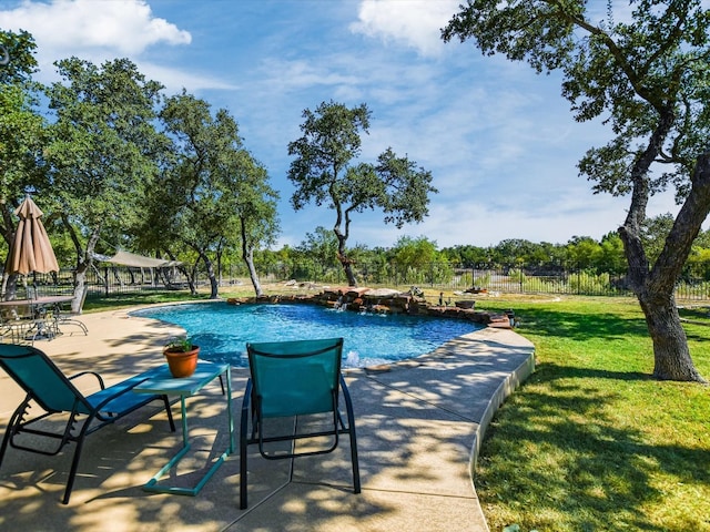 view of swimming pool featuring a patio area and a yard