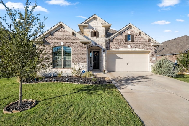 view of front of home featuring a front yard and a garage