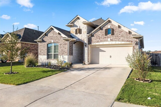 french country inspired facade with stone siding, brick siding, concrete driveway, and a front lawn