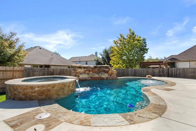 view of swimming pool featuring an in ground hot tub, pool water feature, and a patio