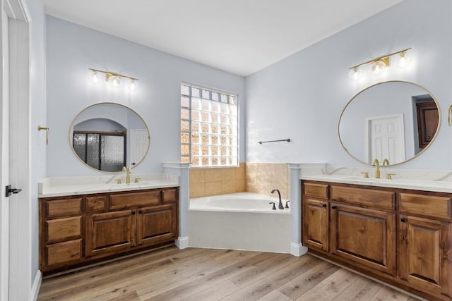 bathroom with a tub to relax in, vanity, and wood-type flooring