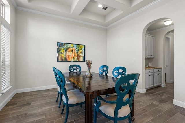 dining space featuring beam ceiling, coffered ceiling, dark hardwood / wood-style floors, and ornamental molding