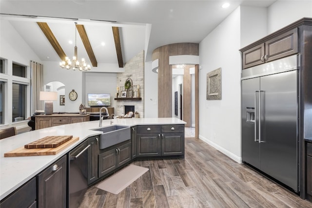 kitchen with dark hardwood / wood-style flooring, dark brown cabinetry, stainless steel appliances, sink, and a fireplace