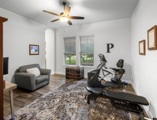 exercise area with hardwood / wood-style floors and ceiling fan