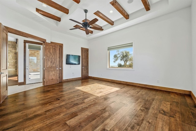 8040 Carlton Ridge Cv, Austin, TX 78738 - unfurnished room with wood finished floors, beamed ceiling, ceiling fan, recessed lighting, and coffered ceiling