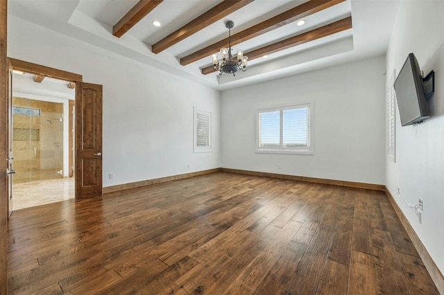 unfurnished room with beamed ceiling, dark wood-type flooring, and a notable chandelier