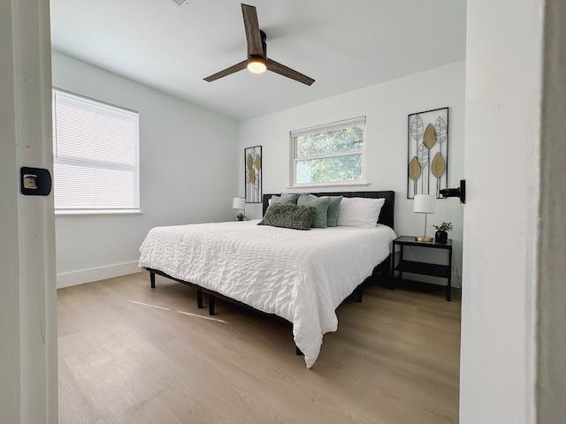 bedroom with ceiling fan and wood-type flooring