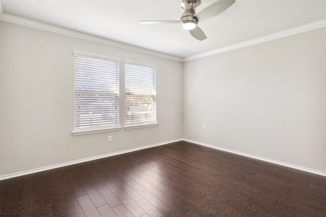 empty room with ceiling fan, dark wood-type flooring, and ornamental molding