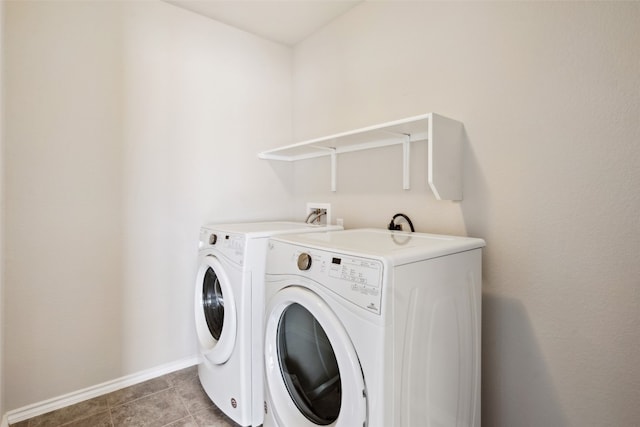 clothes washing area featuring tile patterned flooring and washing machine and dryer