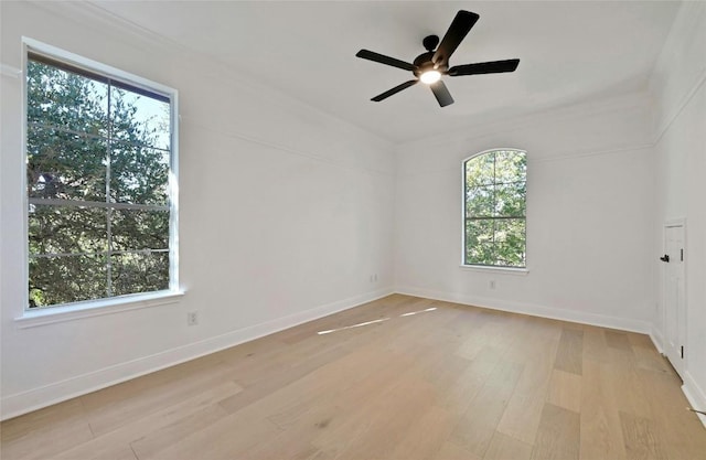 spare room featuring light wood-type flooring, a wealth of natural light, and ceiling fan