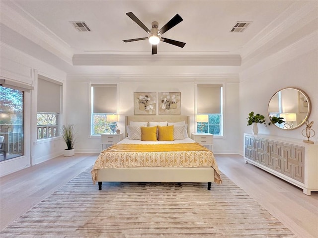 bedroom with access to outside, multiple windows, ceiling fan, and crown molding