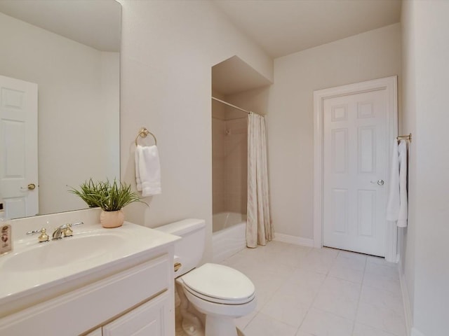 full bathroom with tile patterned flooring, vanity, shower / tub combo with curtain, and toilet