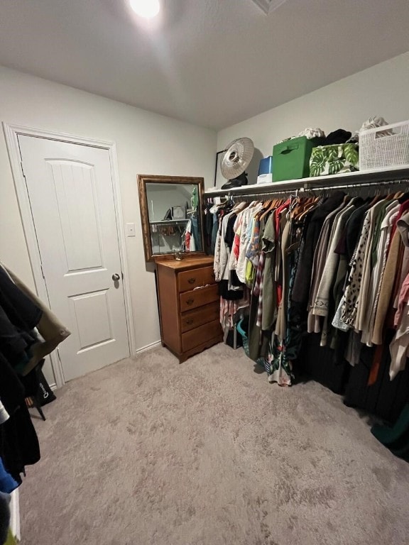 spacious closet featuring light colored carpet