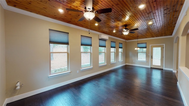 spare room with ceiling fan, wood ceiling, dark wood-type flooring, and an AC wall unit