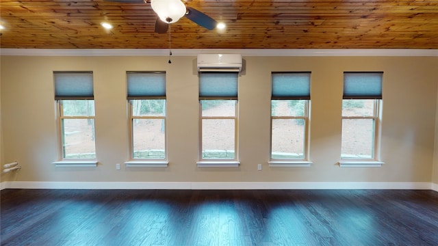 unfurnished room with dark hardwood / wood-style floors, a wealth of natural light, and wood ceiling